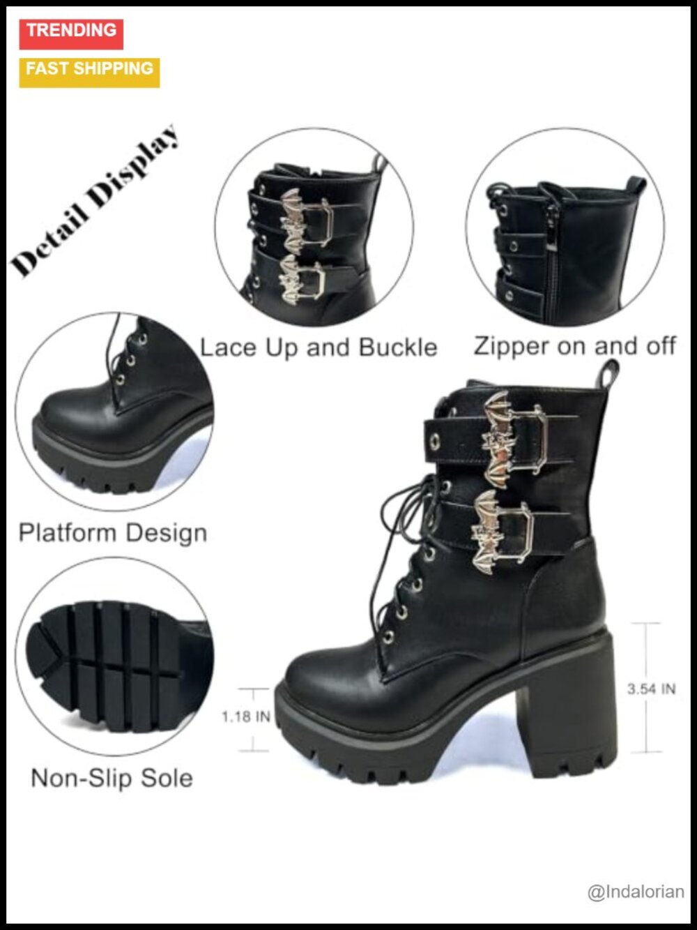 MEOTINA Platform Combat Boots Goth Chunky Heel Ankle Boots for Women Punk - Picture 5 of 6